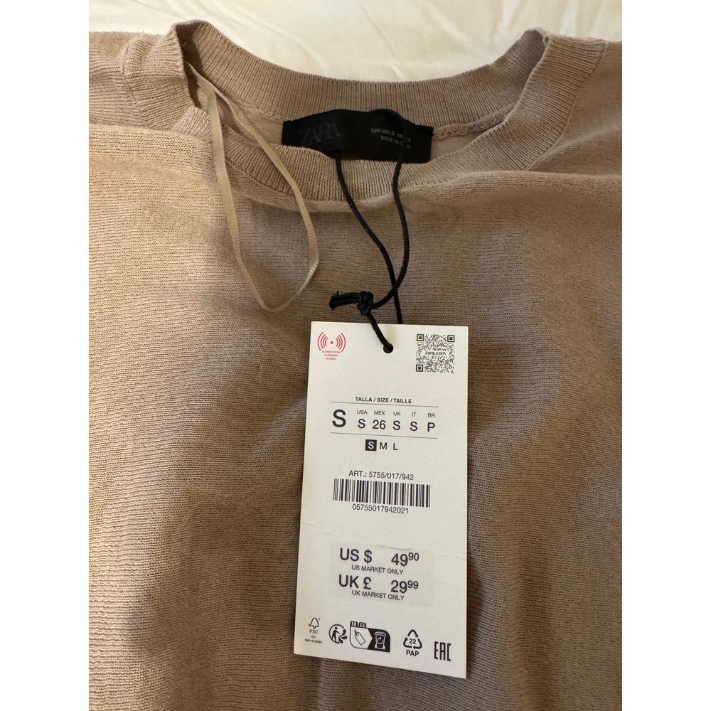 Zara Knit Batwing Sleeve Mini Dress Taupe Brown Elastic Waist NWT Art 5755/017 S - Picture 3 of 3
